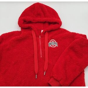 Ohio State Buckeyes Fuzzy Sherpa Fleece Quarter Zip Hoodie Red Women's Medium